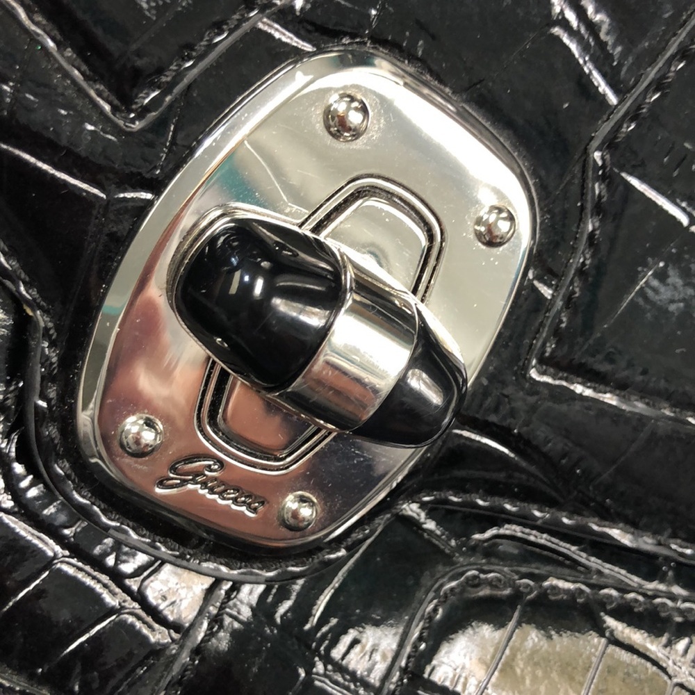 Guess Black Croc-Embossed Shoulder Bag with Silver Hardware - Picture 3 of 16